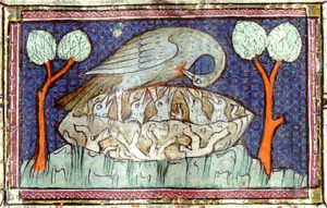 Pelikan mit seinen Jungen im Nest, Abbildung aus dem „Physiologus“, einer frühchristlichen Sammlung naturkundlicher Geschichten