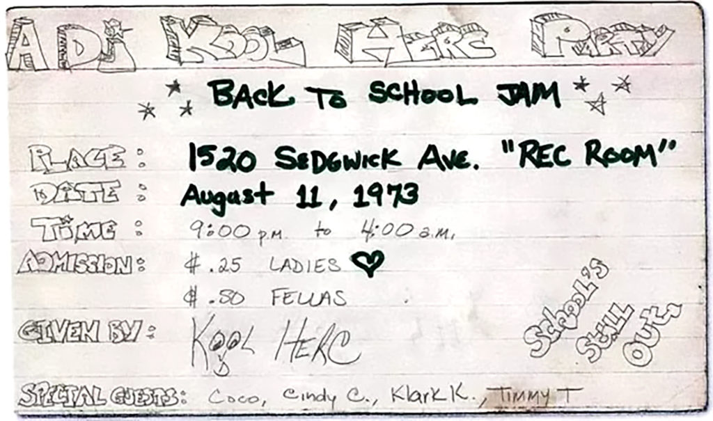 Flyer zur ersten Hiphop Party von DJ Kool Herc am 11. August 1973 in der Sedgwick Avenue