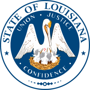 Aktuelles Siegel von Louisiana – Flag of Louisiana.svg by various authors; Great Seal re-drawn into SVG by odder (talk) - Based on JPG files released on the website of the Lousiana Secretary of State; pelican in her piety copied from File:Flag of Louisiana.svg., Public Domain