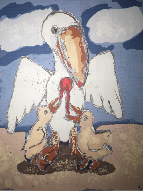 "Der Pelikan hackt mit dem Schnabel die Brust auf und ernährt mit dem Blut seine Jungen." Photoshop Zeichnung ©️Axel von Criegern