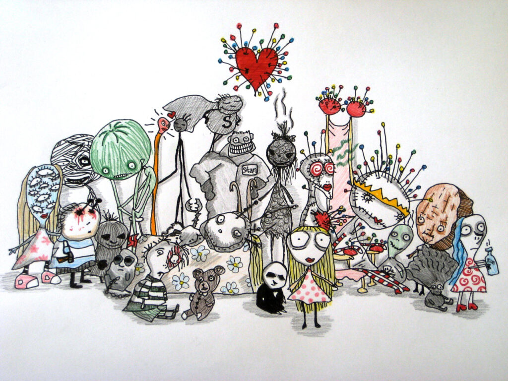 Verschiedene Charaktere, erfunden und gezeichnet von Tim Burton