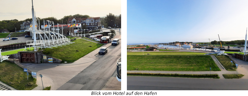 Blick vom Hotel auf den Hafen Bensersiel