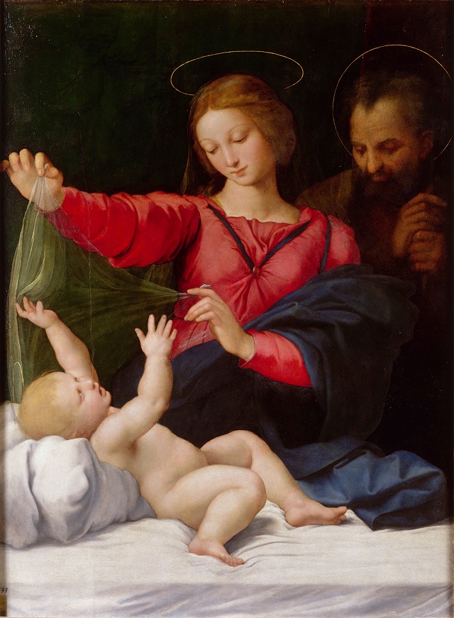 Das Gemälde "Madonna von Loreto" (Madonna mit dem Schleier) von Raffael (1483-1520), Rom, um 1511, Öl auf Holztafel, 120 x 90 cm, Chantilly (Frankreich), Musée Condé