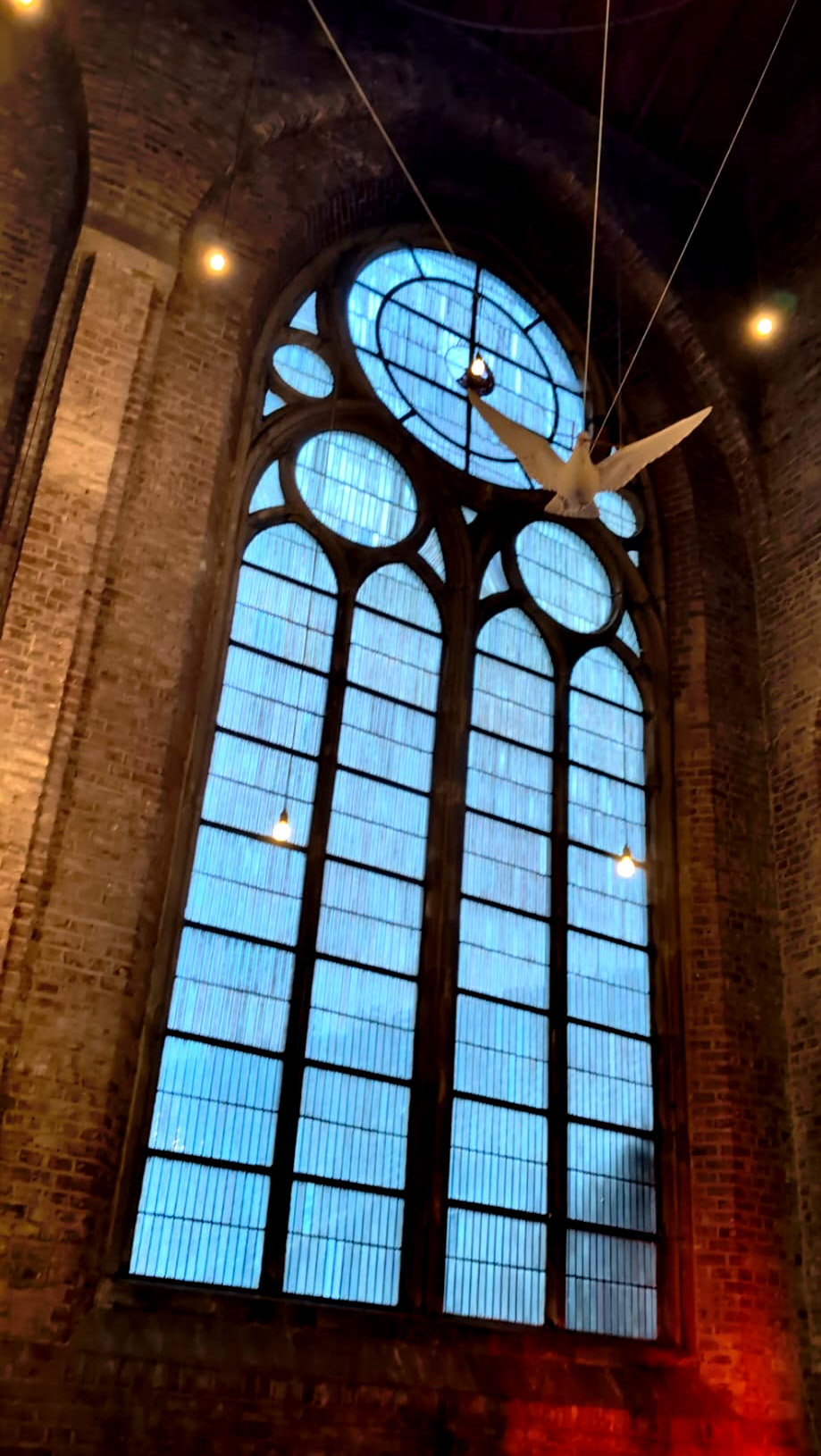 Kirchenfenster vor dem eine Friedenstaube hängt